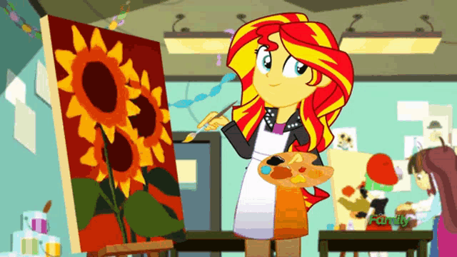 sunset shimmer from my little pony equestria girls paints a sunflower on a canvas