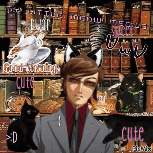 a man with cat ears is surrounded by cats and a cup of coffee