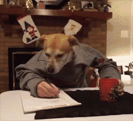 a dog is sitting at a table writing on a piece of paper ..