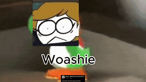 a cartoon character with glasses and the word woashie on the bottom