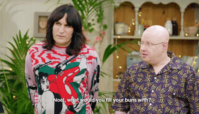 two men are standing next to each other and one of them is asking the other what would you fill your buns with