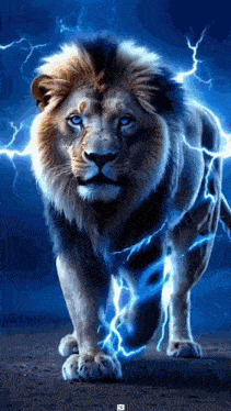 a lion with blue eyes is surrounded by lightning .