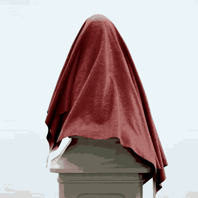 a statue with a red blanket covering it 's face