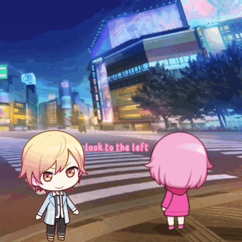 a boy and a girl are crossing a street and the words look to the left are on the bottom