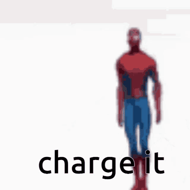 a blurry picture of a spiderman with the words charge it written below him .