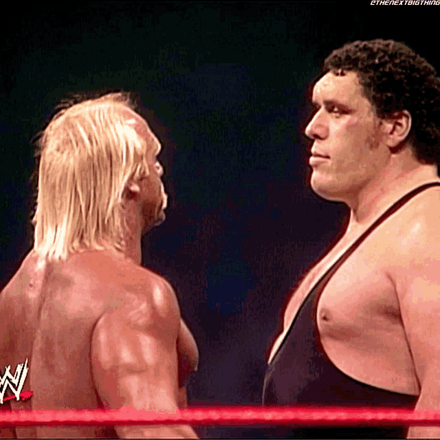two wrestlers are facing each other in a wrestling ring with a w logo on the ring rope