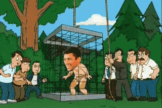 a cartoon of a man in a cage with a man 's head sticking out of it