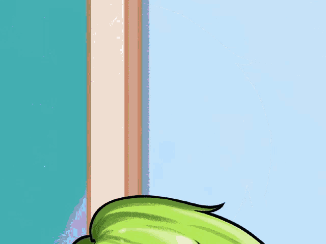 a cartoon of a girl with green and pink hair