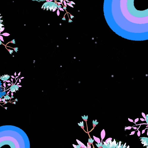 a pink square with arabic writing on it is surrounded by colorful flowers