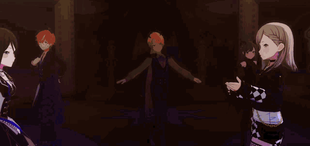 a group of anime characters are standing next to each other on a stage in a dark room .