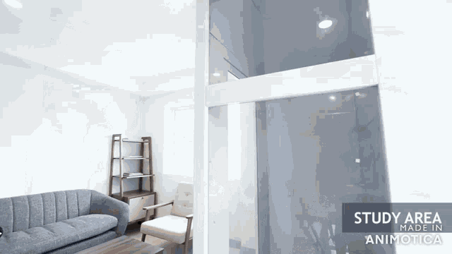 a living room with a couch and chair and a sign that says study area made in aninotica