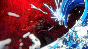 a man is standing in front of a blue wave in a red background .