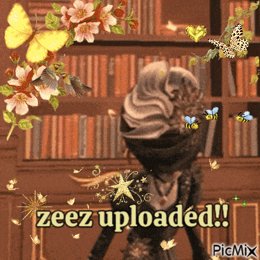 a picture of a cat with flowers and butterflies and the words zeez uploaded