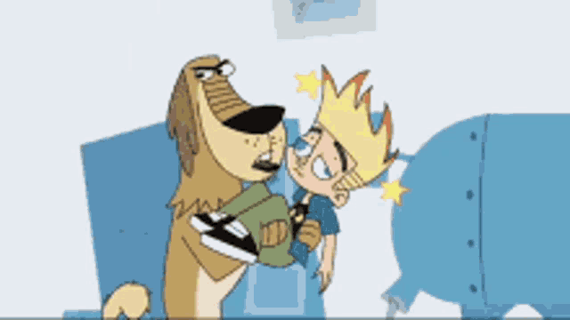 a cartoon of a boy and a dog talking