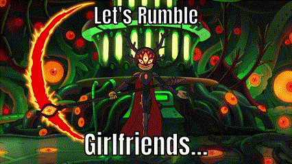 a cartoon character holding a scythe with the words let 's rumble girlfriends written on it .
