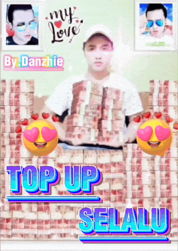 a picture of a man holding stacks of money with the words top up selalu on the bottom