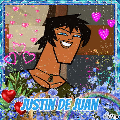 a picture of justin de juan is surrounded by hearts and flowers