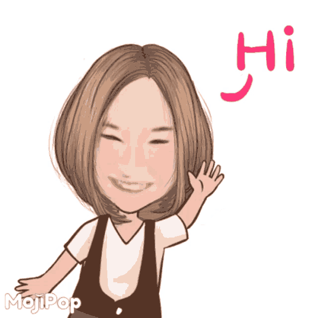 a cartoon of a woman says hi in pink letters