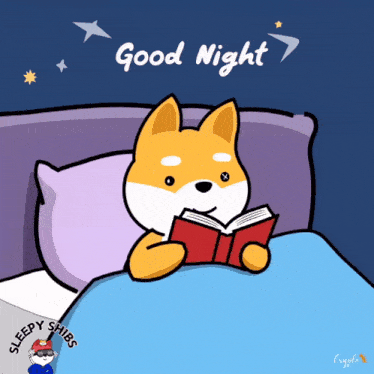 a cartoon of a dog reading a book with the words " good night " above it