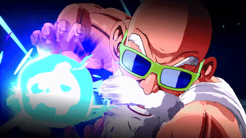 a cartoon character with a beard wearing sunglasses and holding a blue ball with a skull on it