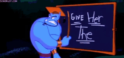 a cartoon of a genie holding a blue rug with a letter d on it