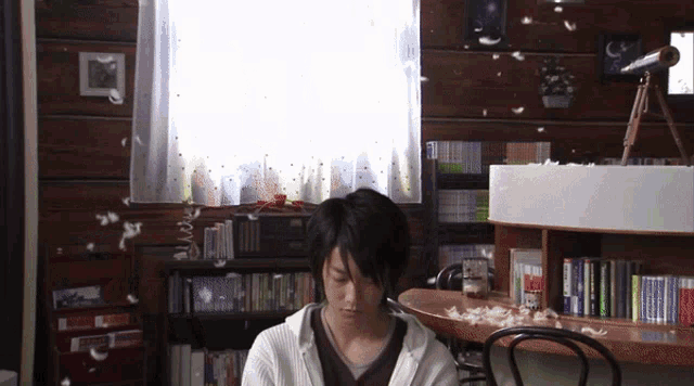 a man sits at a table in front of a window with feathers falling from the ceiling