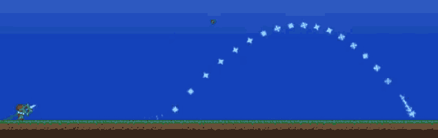 a video game scene with a blue sky and stars coming out of it