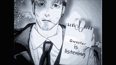 a black and white drawing of a man in a suit and tie holding a piece of paper that says quaster is listening