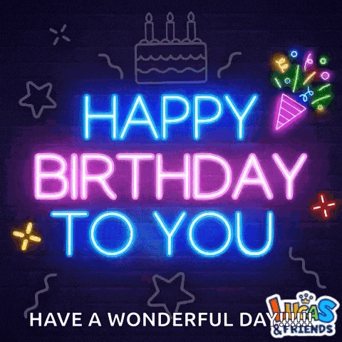 a neon sign that says `` happy birthday to you '' with a cake and candles .
