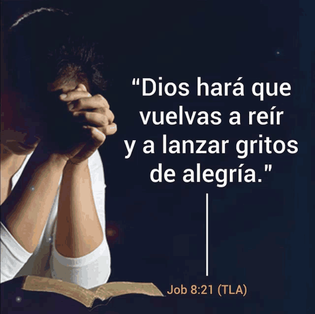 a woman praying with a quote from job 8:21