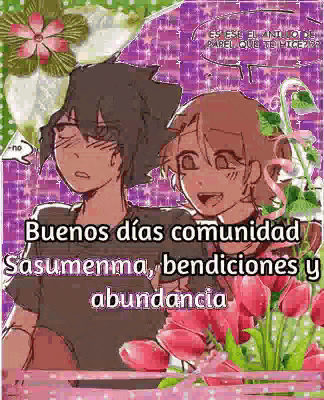 a cartoon of a man and a woman standing next to each other with flowers .