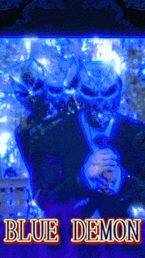 a poster for a movie called blue demon shows a man in a suit and tie