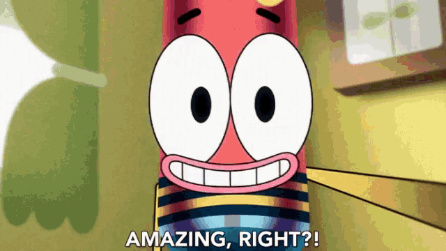 a cartoon character says amazing right