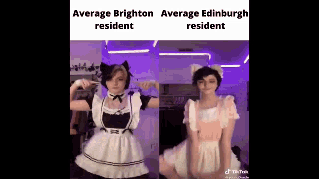 a girl in a maid costume and a boy in a cat costume are dancing together .