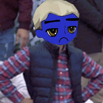 a man with a blue face and yellow eyes is wearing a plaid shirt