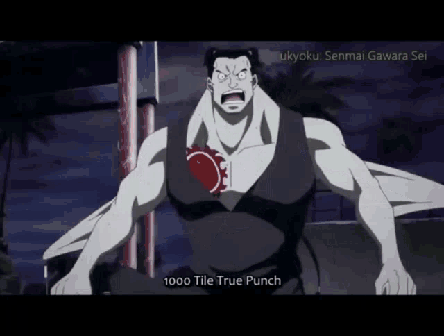 a cartoon character says 1000 tile true punch in a foreign language