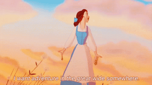 a cartoon of belle from beauty and the beast standing in a field with the words `` i want adventure in the great wide somewhere ''