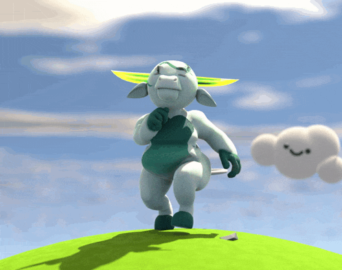 a cartoon character is running on a grassy hill with a cloud behind him