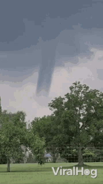 a tornado is moving through the sky over a park with trees