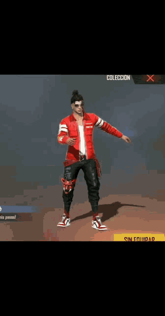 a man in a red jacket and black pants is standing in a video game .