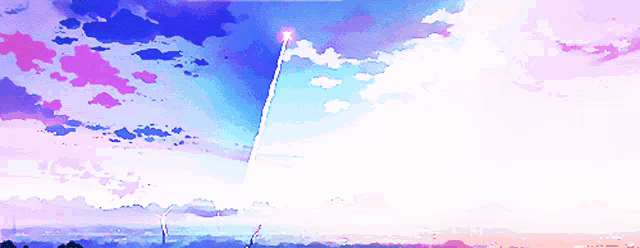 a painting of a blue sky with pink clouds and a lightning bolt