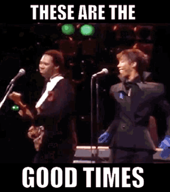 a woman singing into a microphone with the words " these are the good times " above her
