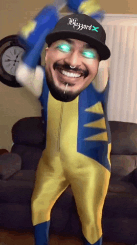 a man in a blue and yellow superhero costume is wearing a hat that says wizzzard