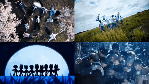 a collage of four pictures shows a group of people standing in a circle