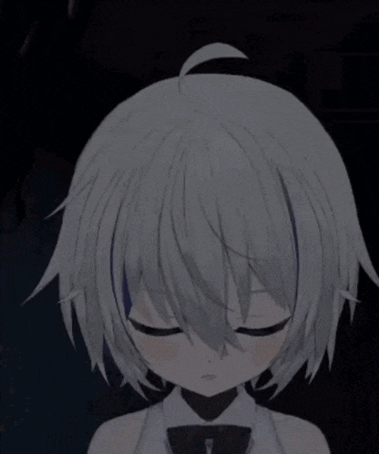 a girl with white hair and a bow tie is looking down with her eyes closed