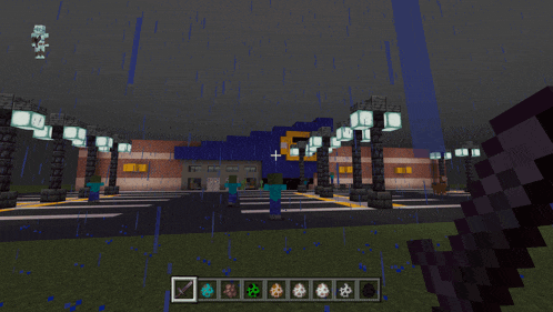 a screenshot of a minecraft game shows a zombie walking in front of a large building