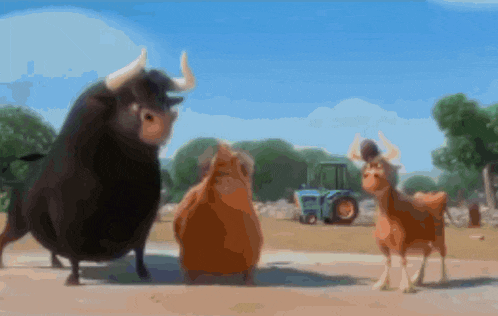 a group of bulls are standing in a field with a tractor in the background