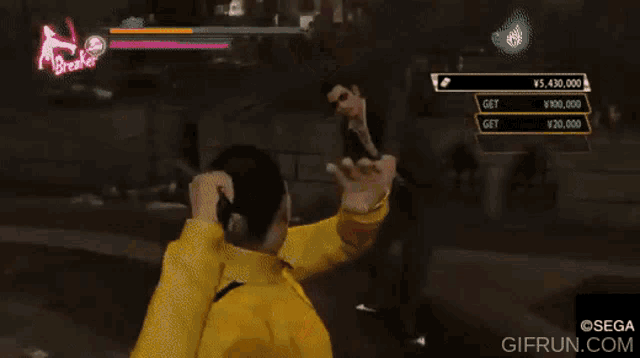 a man in a yellow jacket is holding a sword in front of a sign that says the breaker