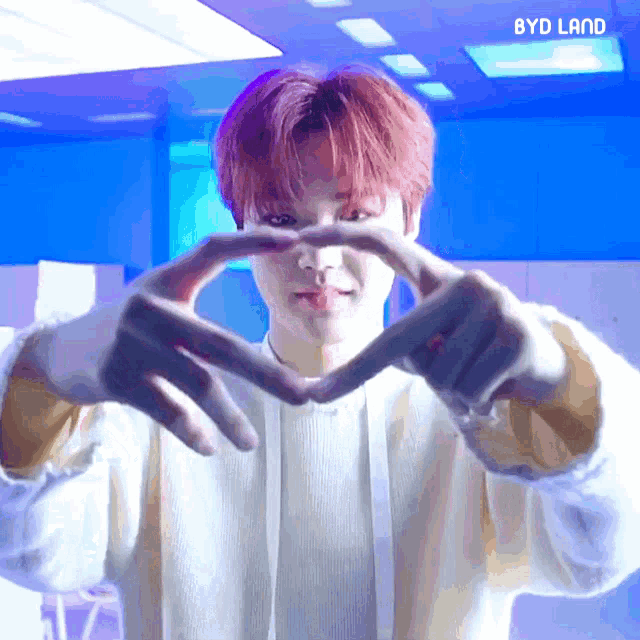 a person making a heart shape with their hands with the word byd land behind them