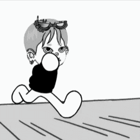 a black and white drawing of a child wearing goggles running